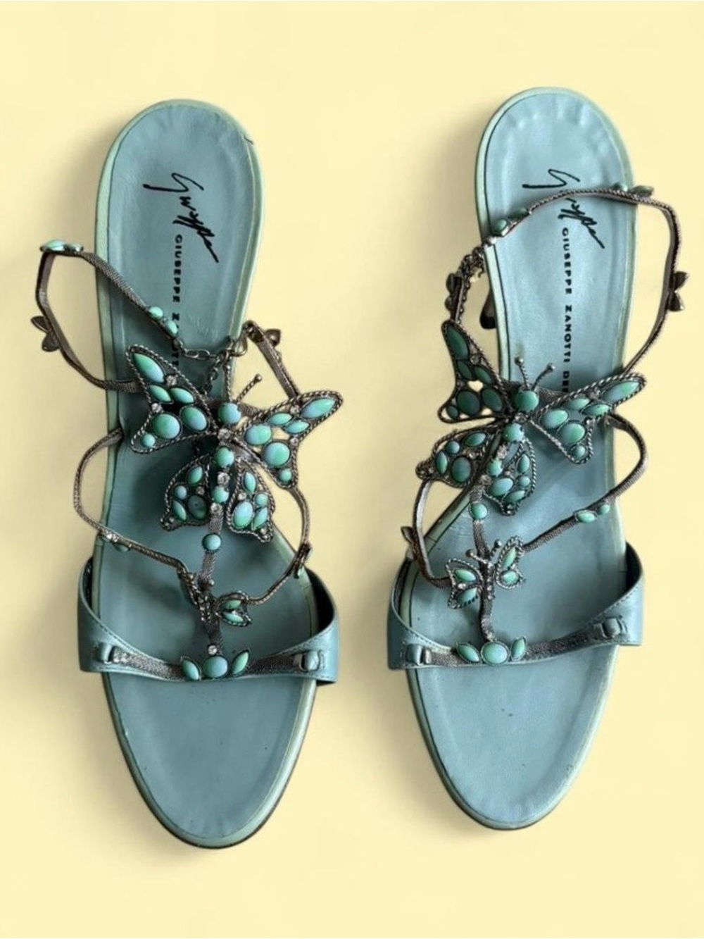 Giuseppe Zanotti Turquoise Butterfly Jeweled Heeled Sandals - Picture 2 of 4